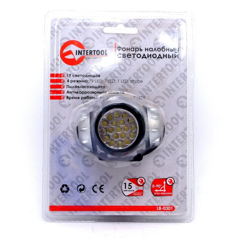 Фонарь налобный светодиодный, четыре режима работы, 19 LED, батарейки 3 ААА. INTERTOOL LB-0301