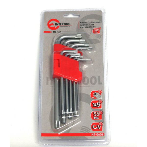 Набор Г-образных ключей TORX с отверстием 9 шт, Т10-Т50, Cr-V, Big INTERTOOL HT-0606