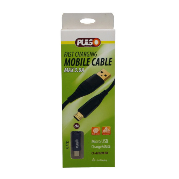 Кабель PULSO USB - Micro USB 3А, 2м, black (быстрая зарядка/передача данных) (CC-4202M BK)
