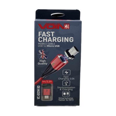 Кабель магнитный VOIN USB - Micro USB 3A, 1m красный