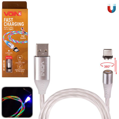 Кабель магнитный VOIN USB - Type C 3A, 1м, цветная (быстрая зарядка/передача данных)