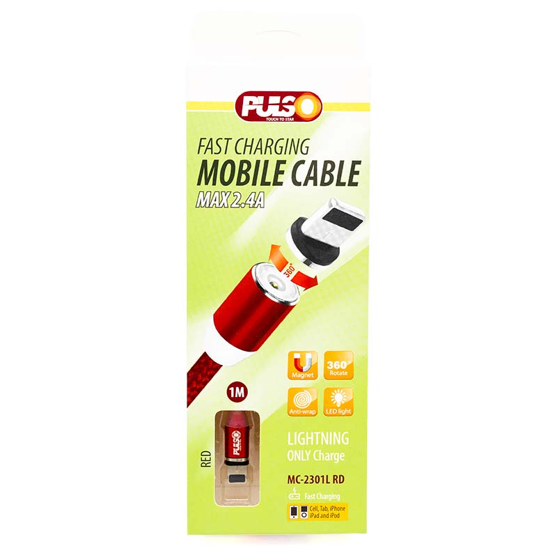 Кабель магнитный PULSO USB - Lightning 2,4А, 1м, красный (только зарядка) MC-2301L RD Кабель магнитный PULSO USB - Lightning 2,4А, 1м, красный (только зарядка) MC-2301L RD