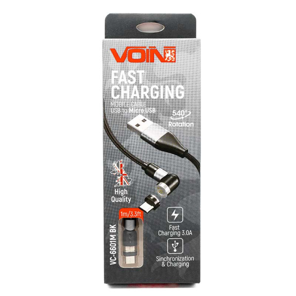 Кабель магнитный шарнирный VOIN USB - Micro USB 3A, 1m, black Fast charging
