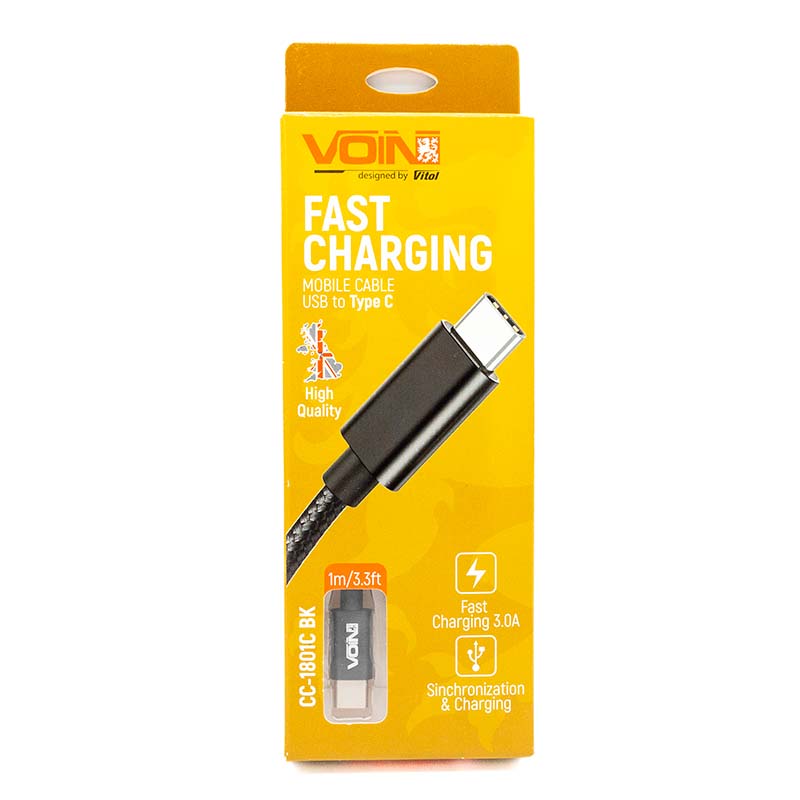 Кабель VOIN USB - Type C 3A, 1m черный, Fast charging (CC-1801C BK)