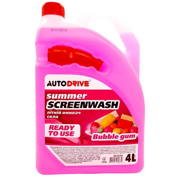 Омыватель стекла летний, Auto Drive Summer Screen Wash Bubble Gum PET 4 л