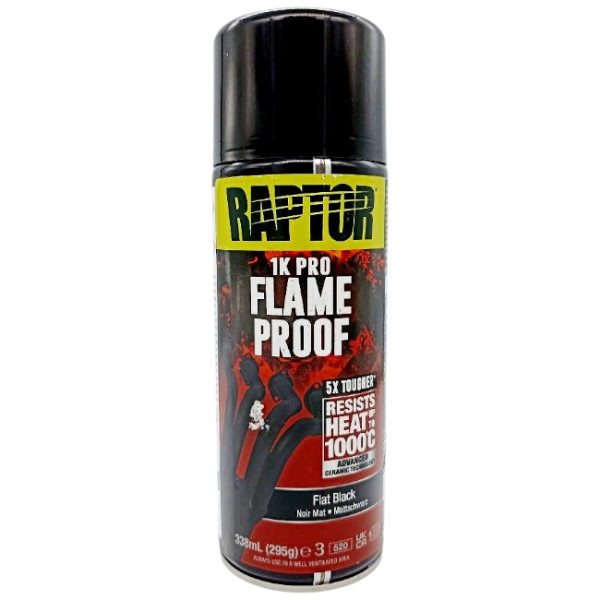 Термостойкое покрытие до 1000°C U-POL 1K RAPTOR Flameproof в аэрозоле (черная) 338мл