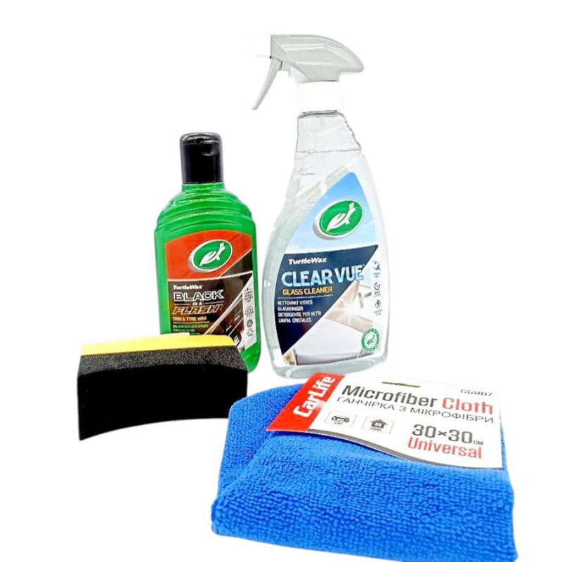 Набор для очистки Turtle Wax: очиститель стекол + средство для пластика и резины (аппликатор и микрофибра) Набор для очистки Turtle Wax: очиститель стекол + средство для пластика и резины (аппликатор и микрофибра)